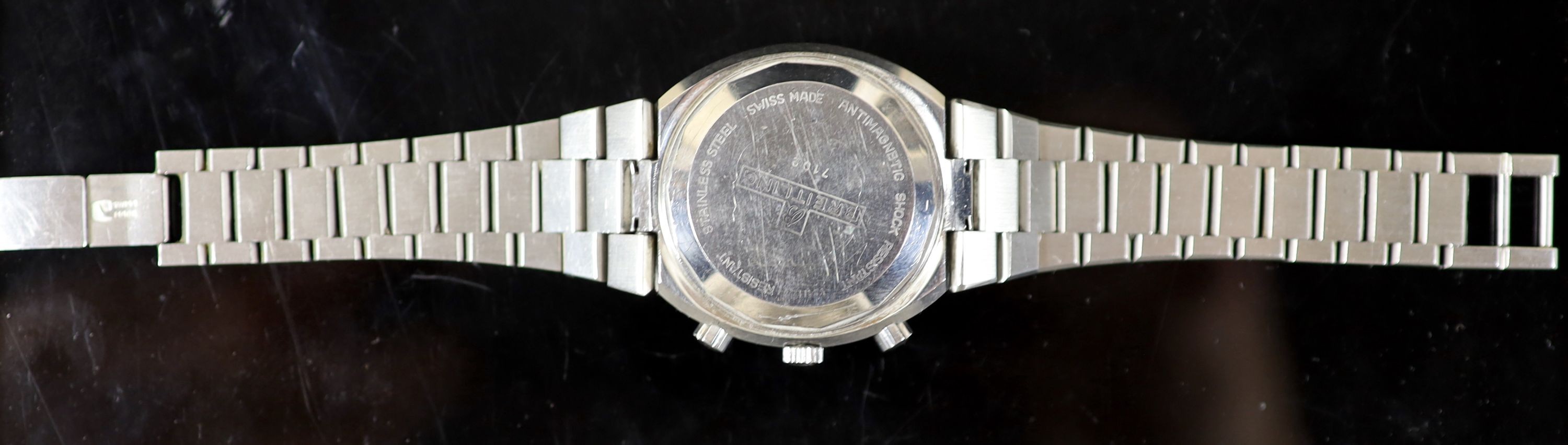 A gentleman's 1970's stainless steel Breitling Transocean chronograph date manual wind wrist watch